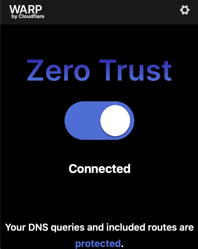 Cloudflare Warp GUI showing connected