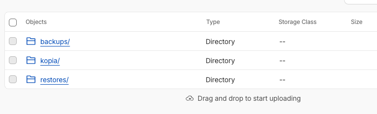 "Bucket view showing new Kopia folder"